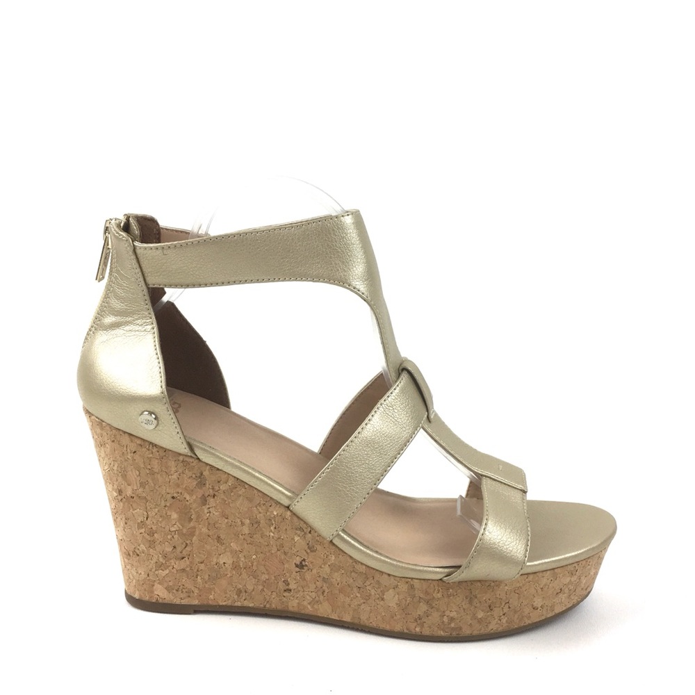 UGG gold leather wedge heel sandal strappy cork